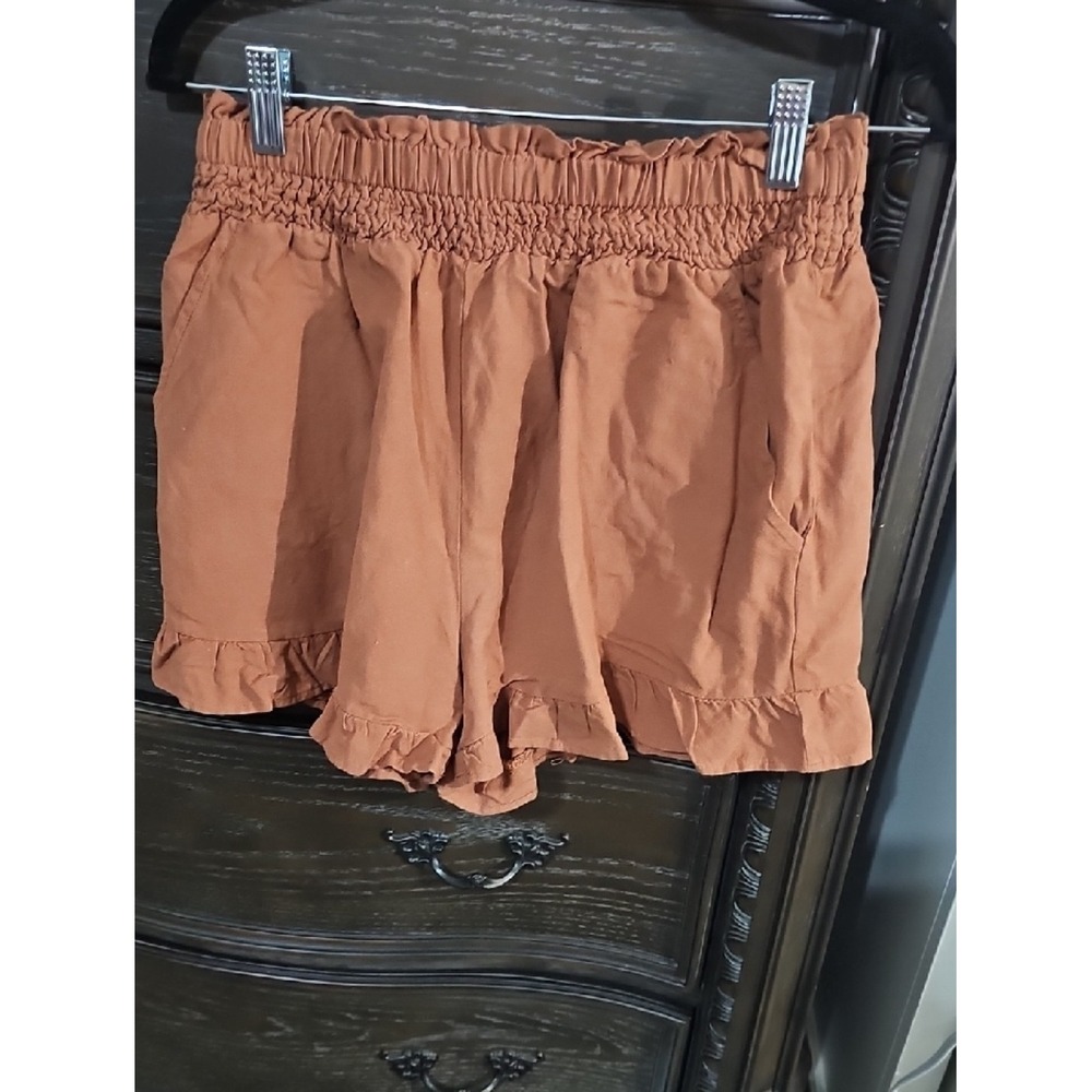Wishlist Rust Orange Smocked Paperbag Waist Ruffle Hem Linen Blend Shorts Small
